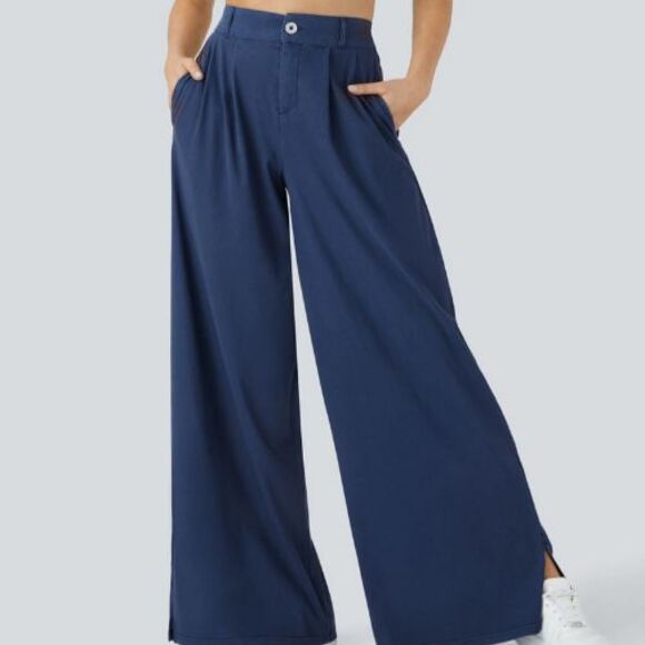 Halara Pants - Halara Blue Twill Pleated High Waist Wide Leg Ankle Slit Pants Size Small TALL